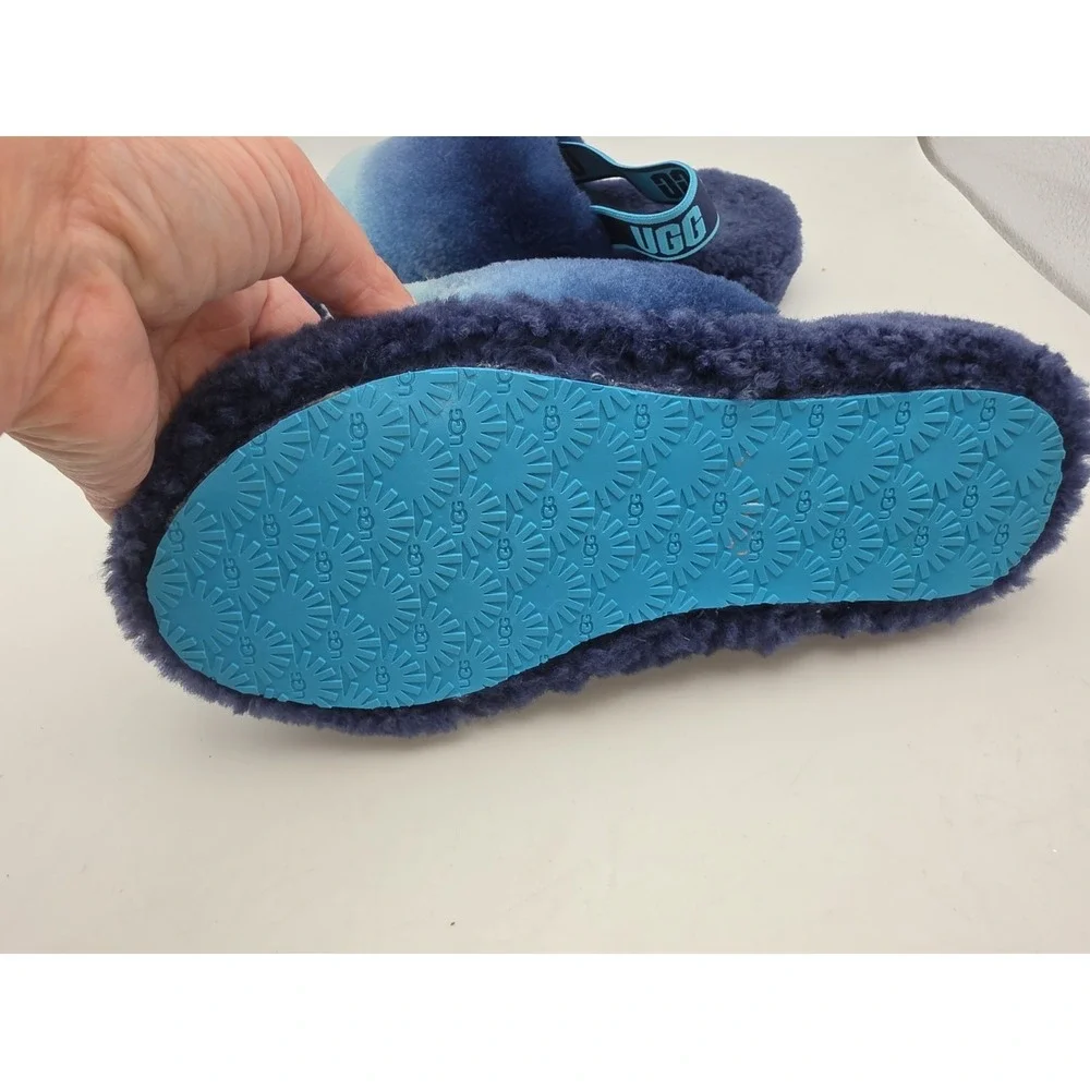 Women UGG Fluff Slides Bright Blue Slipper Size 4 w/ Straps
